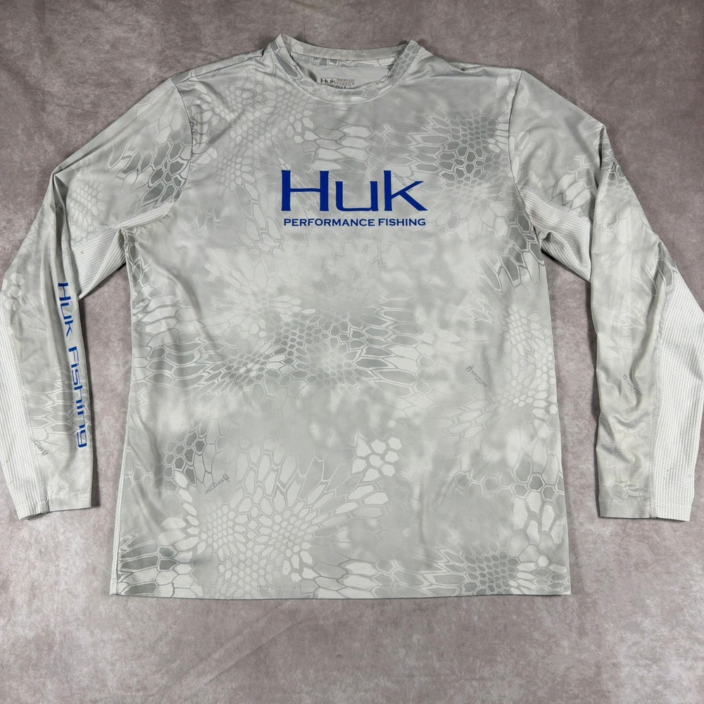 Huk Performance Fishing Kryptek Camo Long Sleeve Sun Shirt Large Gray White